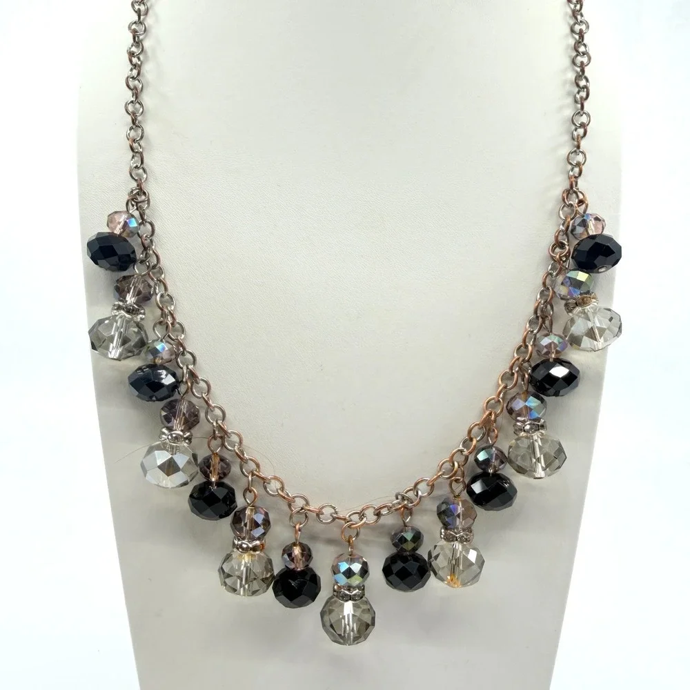 Vintage Silver Tone Black Clear Crystal Dangle Necklace Bib Fringe Statement 90s